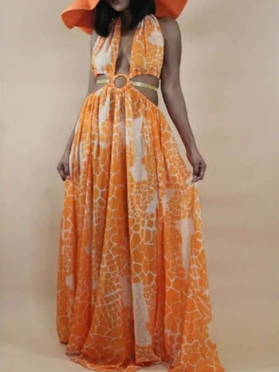 Luxxel Dresses & Skirts - Luxxel Orange and White Halter Maxi with Ring Waist